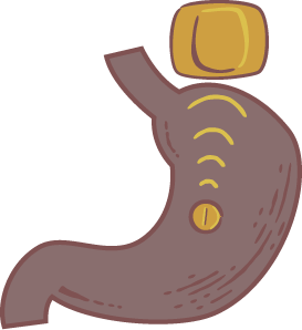 A digital pill transmitting data from the digestive system to a patch worn on the abdomen.